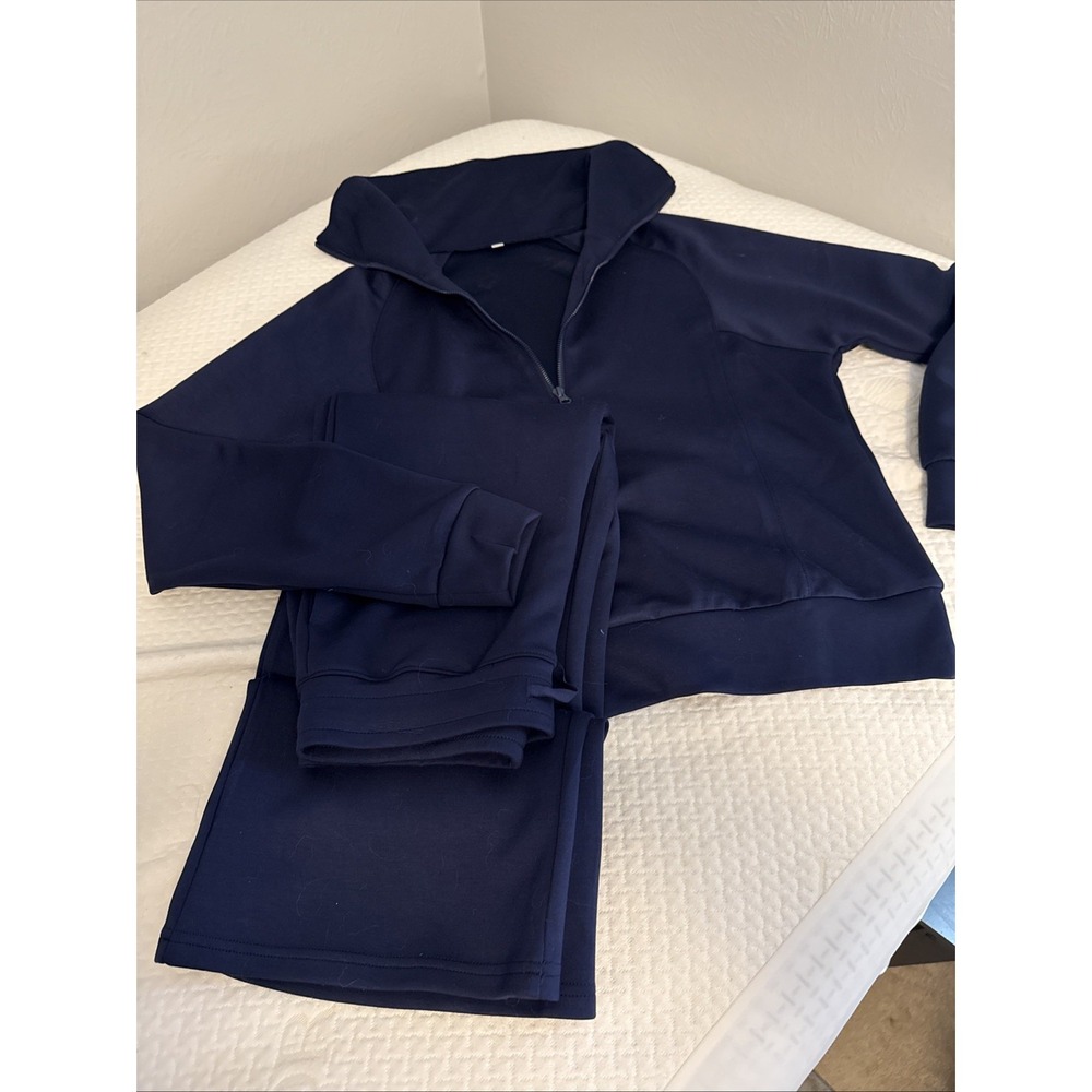 Sz S Women's Navy Blue 2 Pc Set, Large Cowl Like Neck, Wide Leg Pants